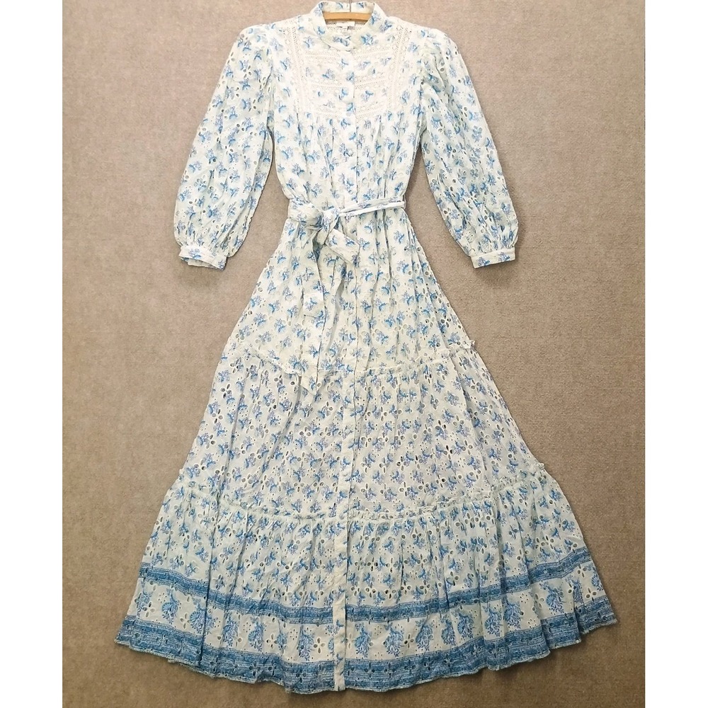 Hemant Nandita Womens XS XSMALL Blue White Boho Floral Eyelet Belted Maxi‎ Dress